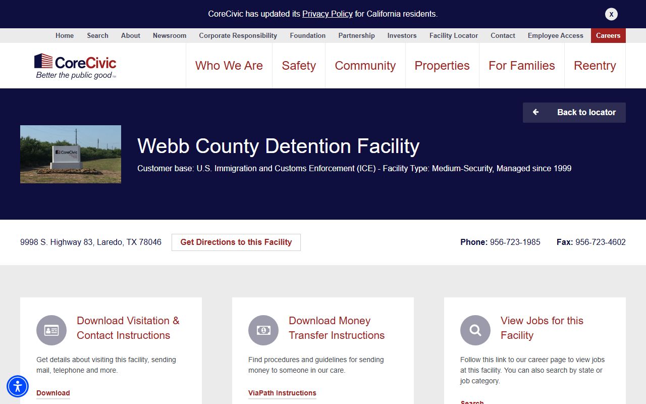 Webb County Detention Facility CoreCivic detainee lookup source